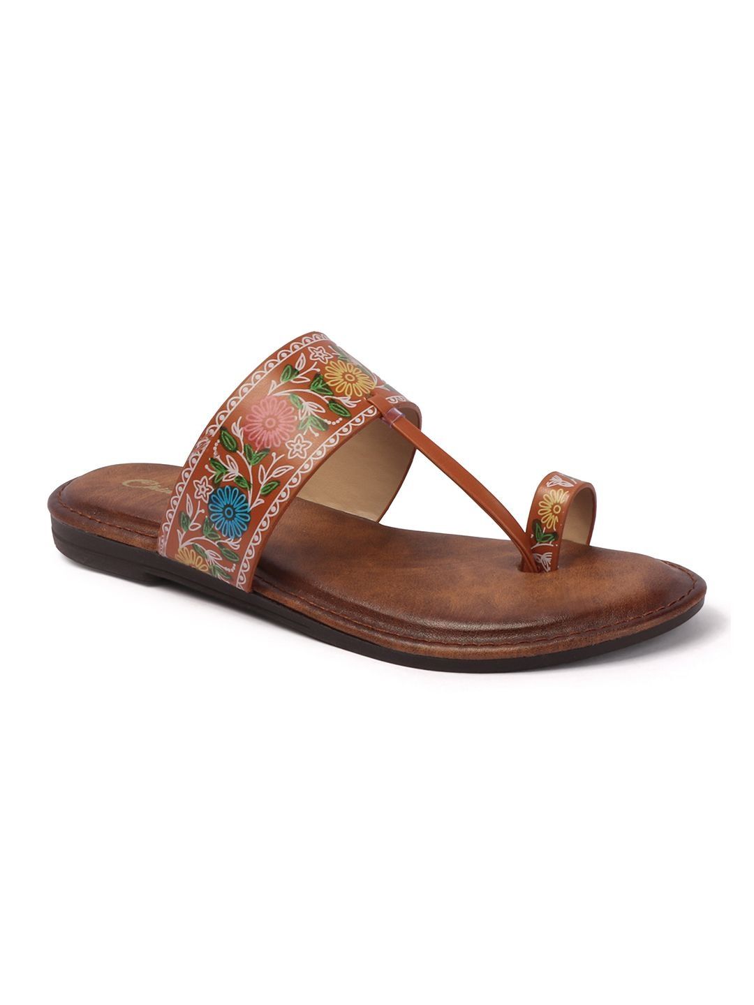 Floral Flats Women's Floral Print Ethnic Flat Sandal - Brown