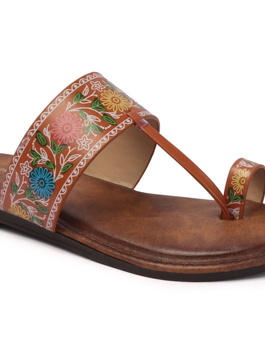 Floral Flats Women's Floral Print Ethnic Flat Sandal - Brown