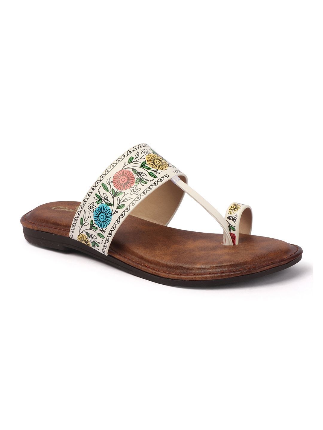 Floral Flats Women's Floral Print Ethnic Flat Sandal - White