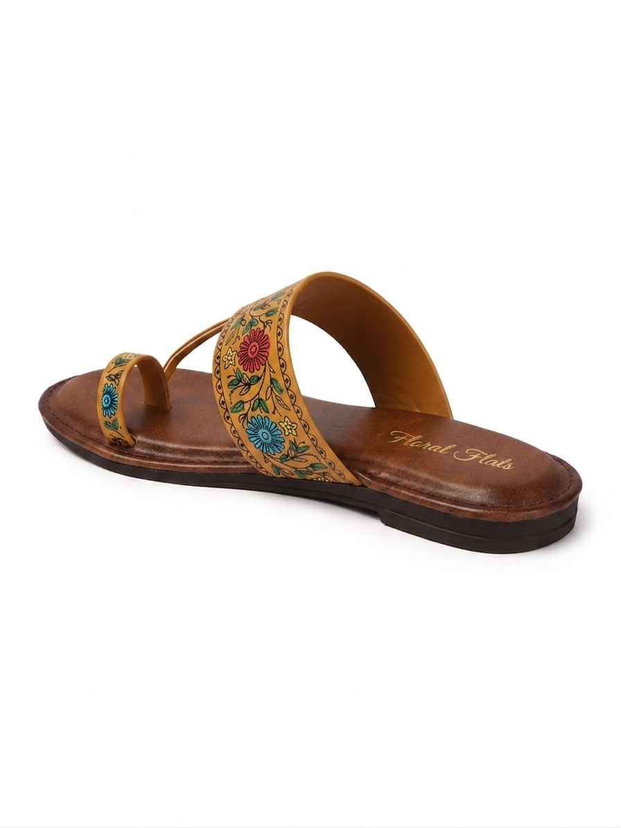 Floral Flats Women's Floral Print Ethnic Flat Sandal - Tan