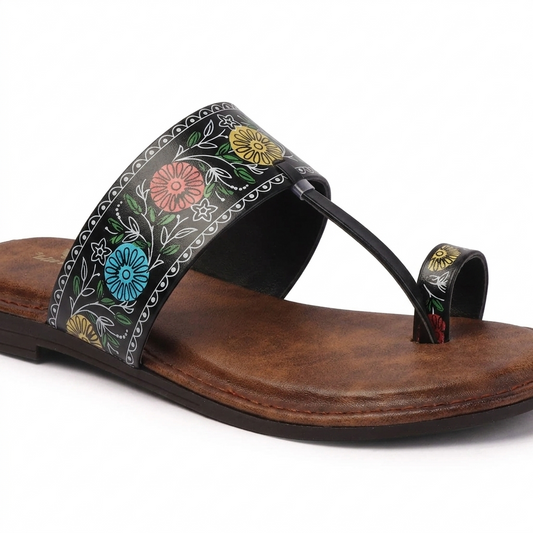 Floral Flats Women's Floral Print Ethnic Flat Sandal - Black