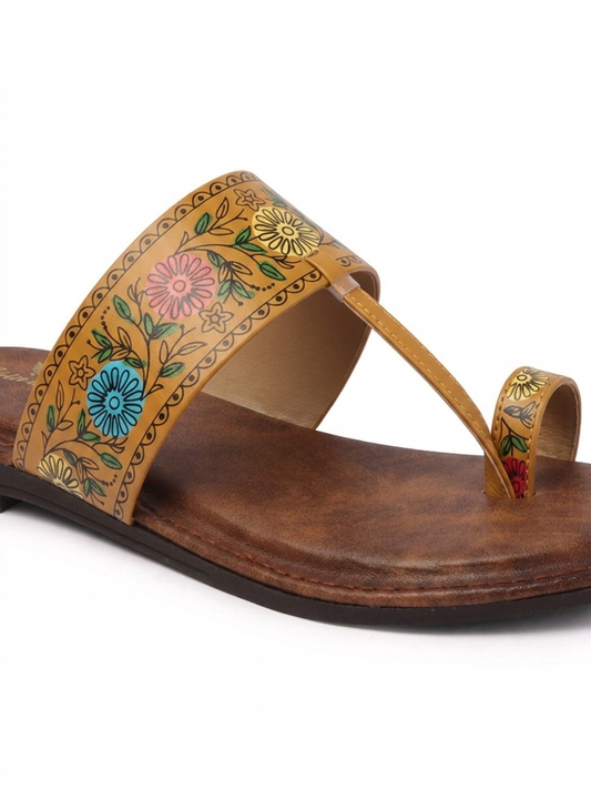 Floral Flats Women's Floral Print Ethnic Flat Sandal - Tan