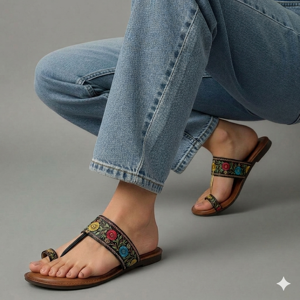 Floral Flats Women's Floral Print Ethnic Flat Sandal - Black