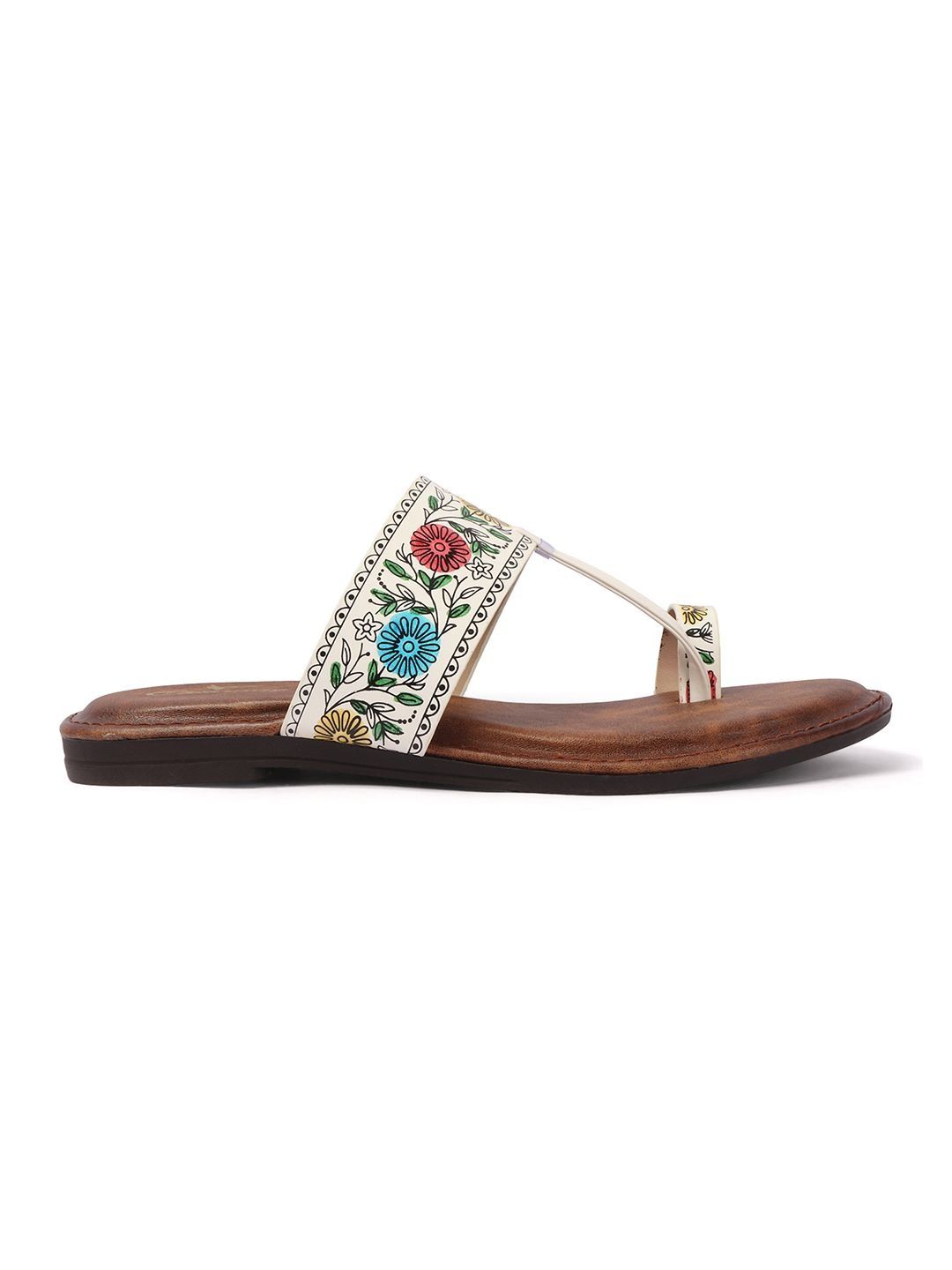 Floral Flats Women's Floral Print Ethnic Flat Sandal - White
