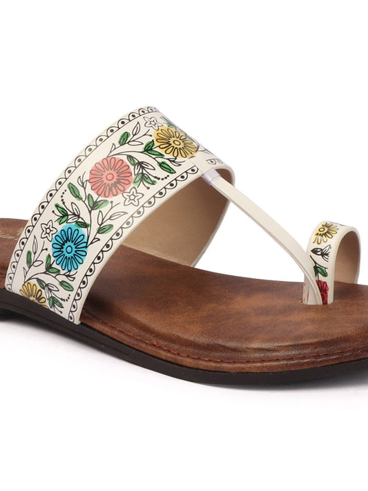 Floral Flats Women's Floral Print Ethnic Flat Sandal - White