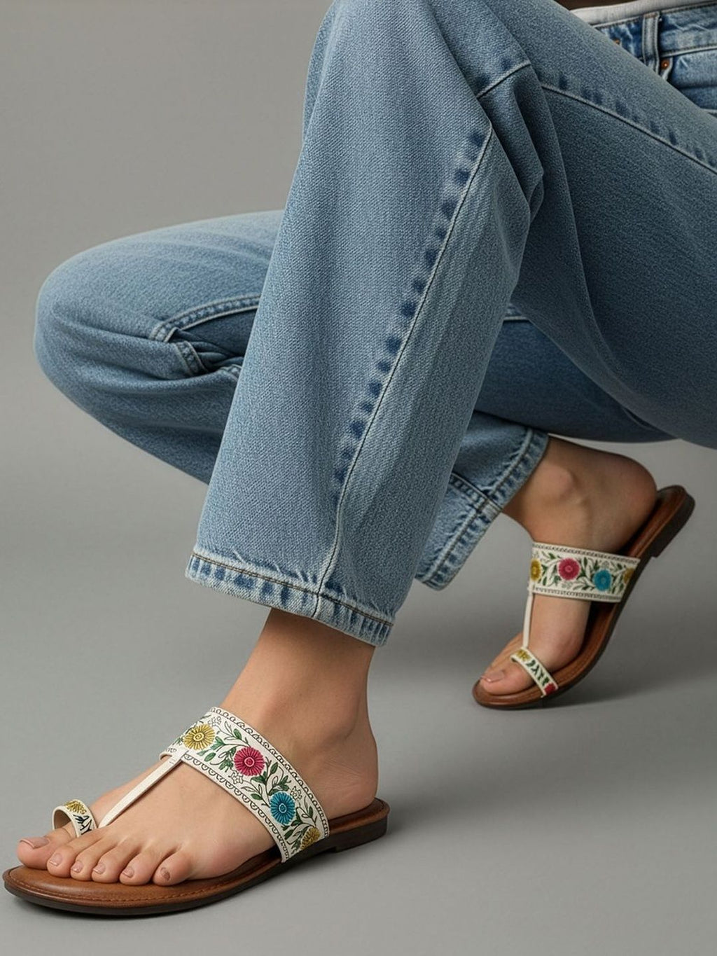 Floral Flats Women's Floral Print Ethnic Flat Sandal - White