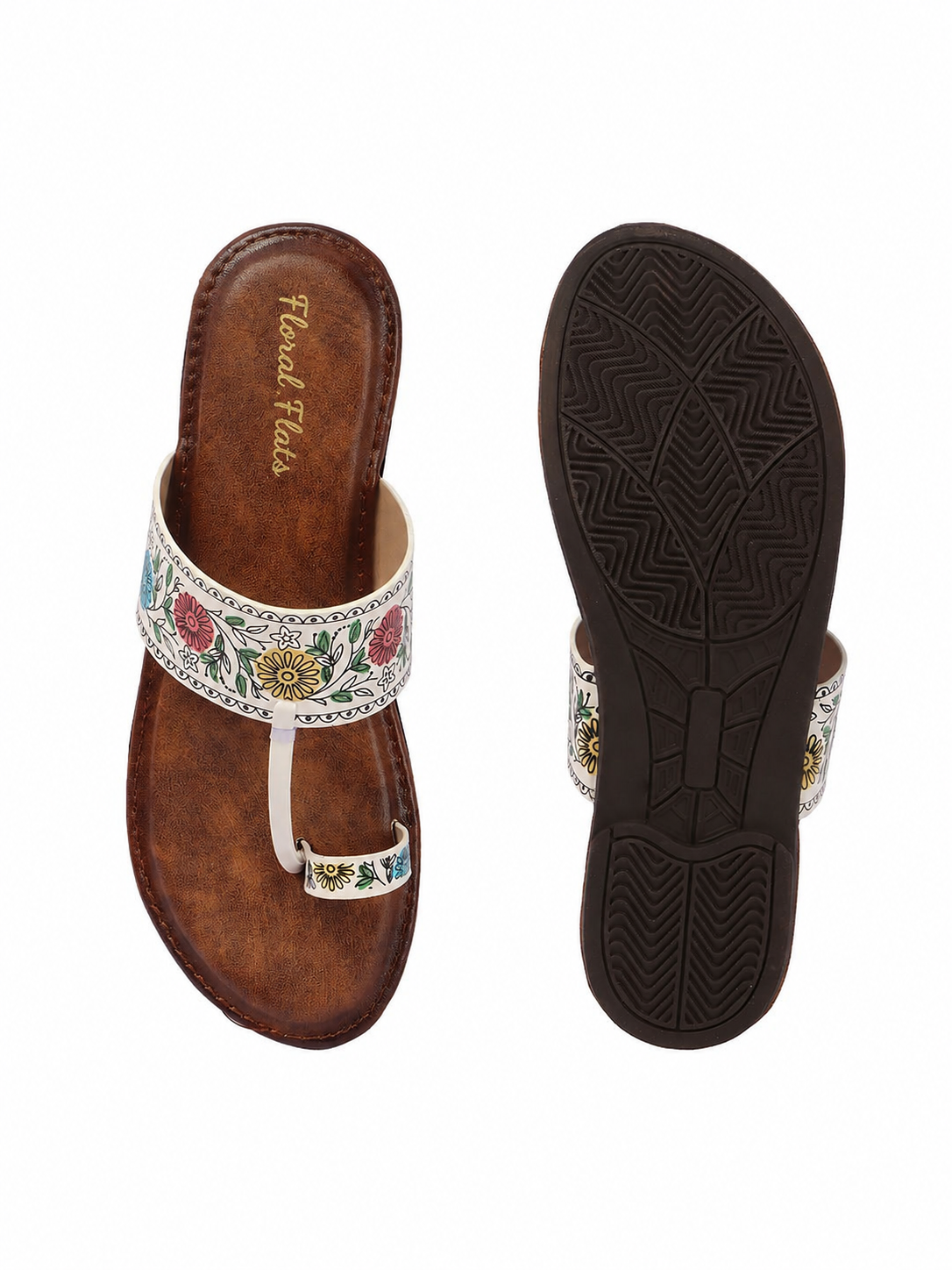 Floral Flats Women's Floral Print Ethnic Flat Sandal - White