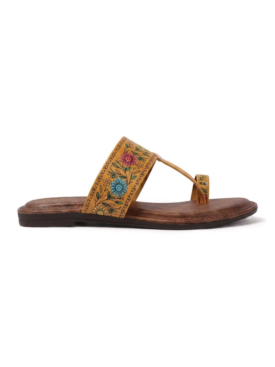 Floral Flats Women's Floral Print Ethnic Flat Sandal - Tan