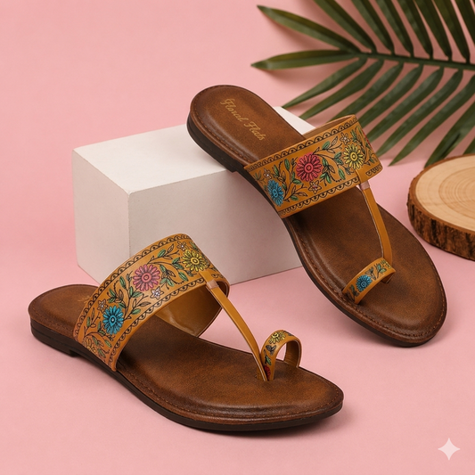 Floral Flats Women's Floral Print Ethnic Flat Sandal - Tan