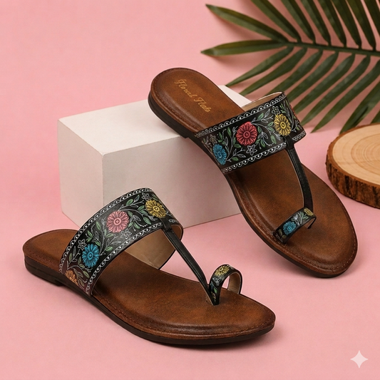 Floral Flats Women's Floral Print Ethnic Flat Sandal - Black