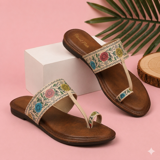 Floral Flats Women's Floral Print Ethnic Flat Sandal - Beige