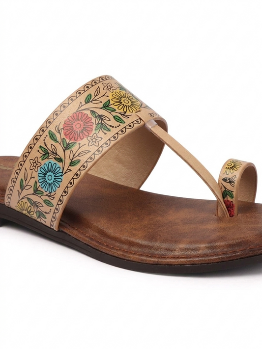 Floral Flats Women's Floral Print Ethnic Flat Sandal - Beige