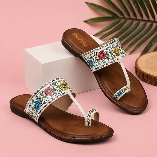 Floral Flats Women's Floral Print Ethnic Flat Sandal - White