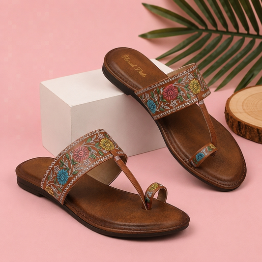 Floral Flats Women's Floral Print Ethnic Flat Sandal - Brown